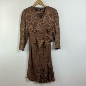 Oleg Cassini Elegant Brown Floral Skirt Set